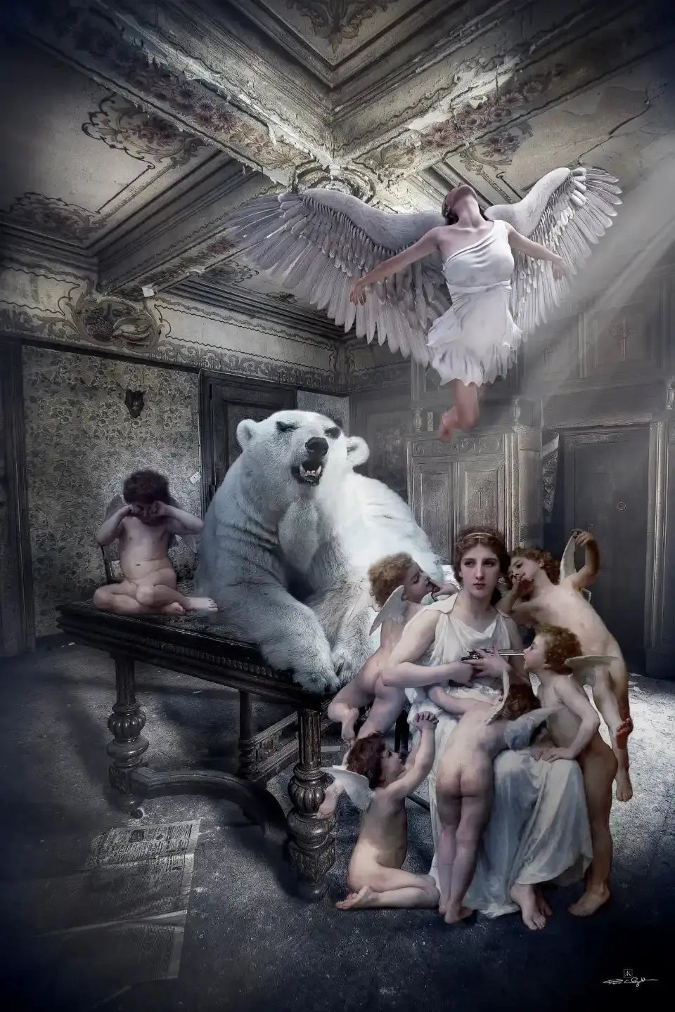 Une femme déesse ailée plane au-dessus d'un ours polaire assis sur une table ornementée, entourée d'angelots et d'un enfant assis.
