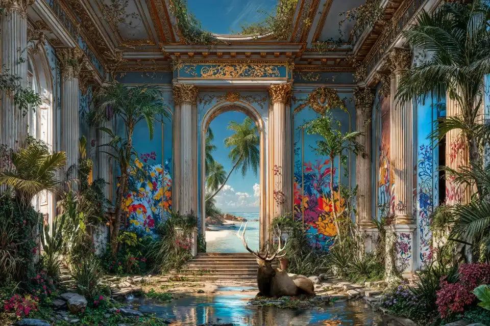 Un cerf se repose près d'un point d'eau, dans une pièce de ruine ornée de fresques colorées et de végétation tropicale luxuriante, avec une arche s'ouvrant sur une plage et la mer.