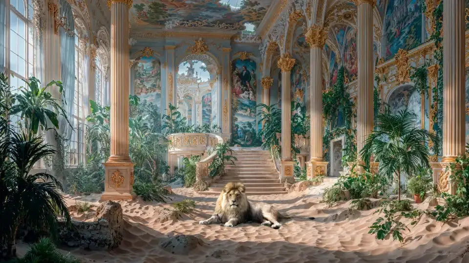 Un lion majestueux repose sur le sable dans un palais luxuriant orné de plantes, de peintures murales et de colonnes dorées.