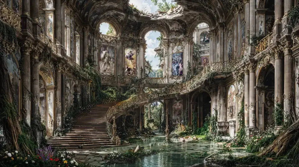 Intérieur d'un palais abandonné envahi par la végétation avec une rivière, des escaliers et de grandes fresques.