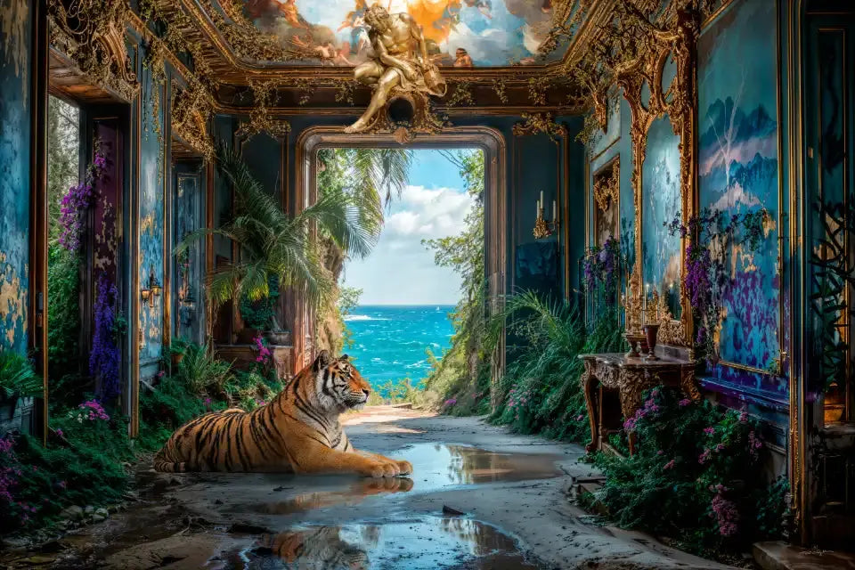 Un tigre tigré se repose dans une pièce luxueuse en ruine, avec une vue sur l'océan bleu par une arche ornée.