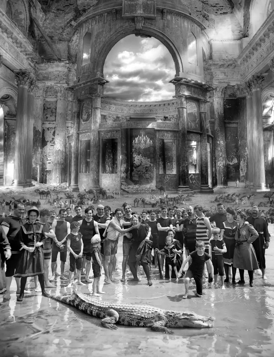 Un groupe de personnes, certaines en tenue de bain d'époque, se tiennent dans des ruines inondées, un crocodile allongé devant elles.