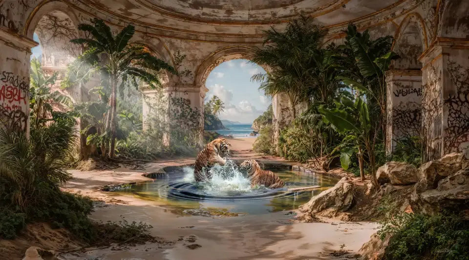 Deux tigres interagissant dans une petite étendue d'eau au milieu de ruines envahies par la végétation et donnant sur une plage tropicale.