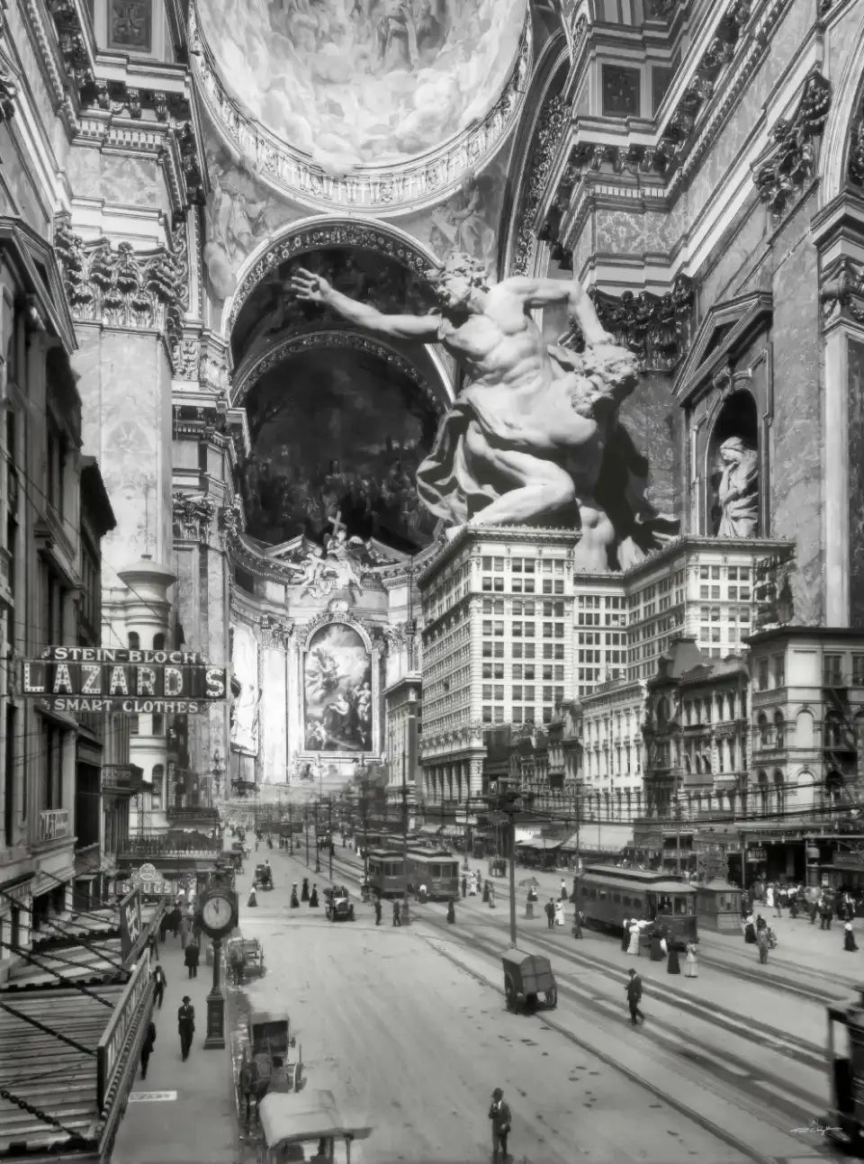 Montage surréaliste d'une ville haussmannienne avec une imposante sculpture baroque au-dessus des bâtiments et une peinture religieuse en fond.