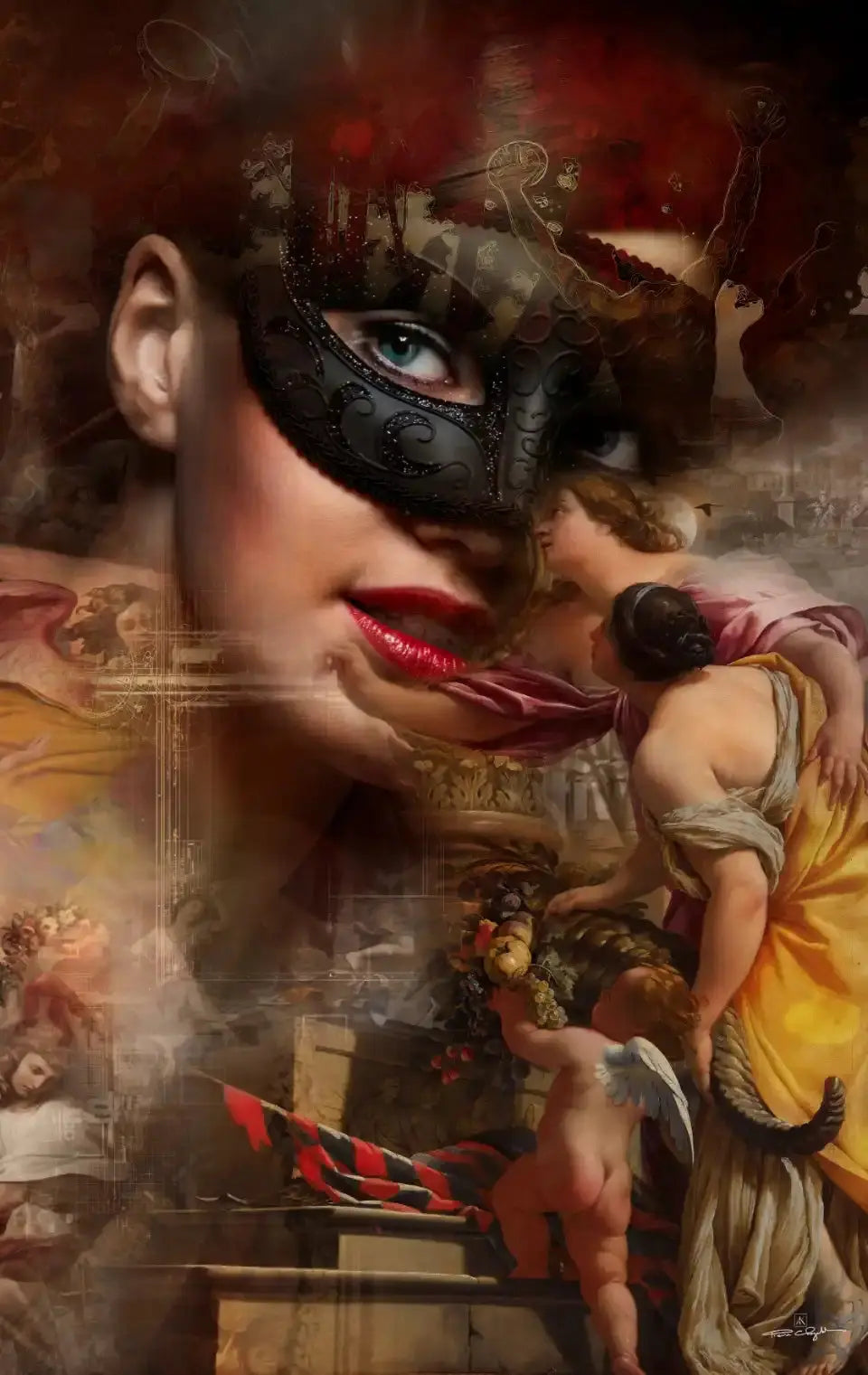 Portrait d'une femme au masque vénitien noir et rouge à lèvres écarlate, superposé à des scènes baroques peintes avec un cupidon et des femmes drapées.