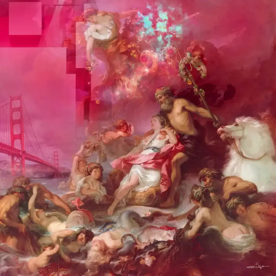 Composition fantaisiste mêlant des figures mythologiques classiques à des éléments modernes comme le pont du Golden Gate, sur un fond rose et cosmique.
