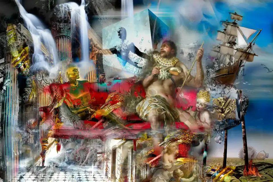Composition surréaliste mêlant figures antiques, un voilier, des chutes d'eau et un paysage désertique, évoquant un montage d'époques et de thèmes variés.