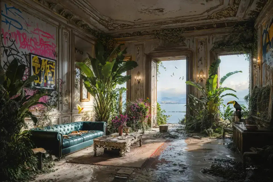 Toucan perché dans un salon abandonné envahi par la végétation tropicale, ouvert sur la mer.