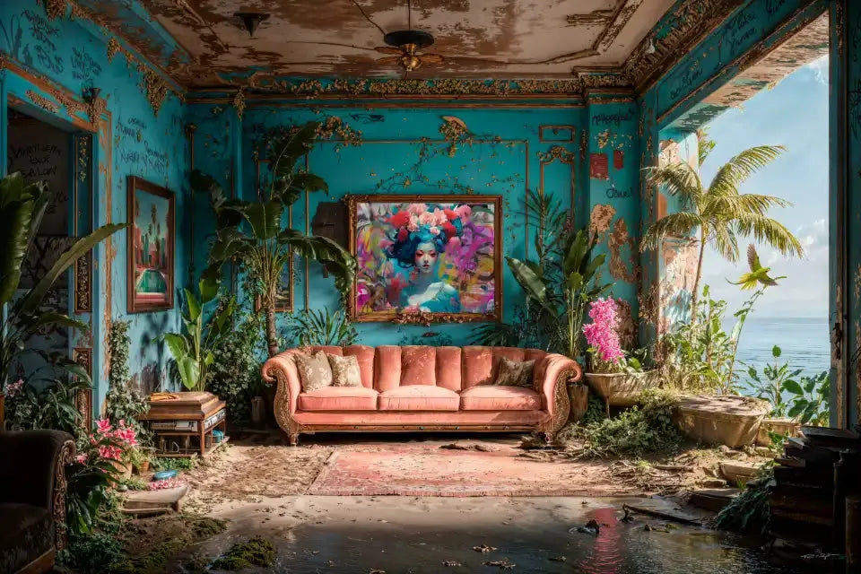 Intérieur d'un salon luxuriant et délabré aux murs bleu sarcelle, orné d'une grande peinture centrale d'une femme aux fleurs, avec un canapé corail et une vue sur la mer par une large ouverture.