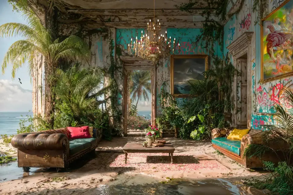 Salon abandonné avec végétation luxuriante envahissant les meubles, le sol sablonneux et la mer visible à travers une arche.