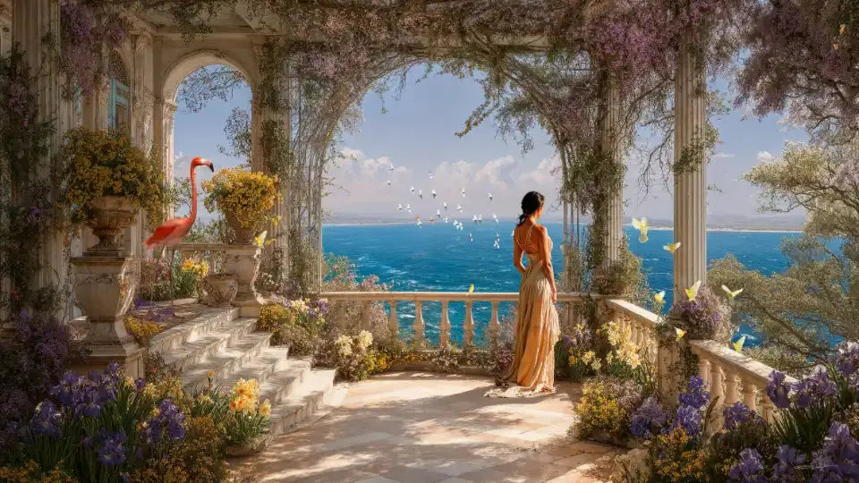 Femme en robe dorée sur un balcon fleuri surplombant la mer, avec un flamant rose et des papillons.