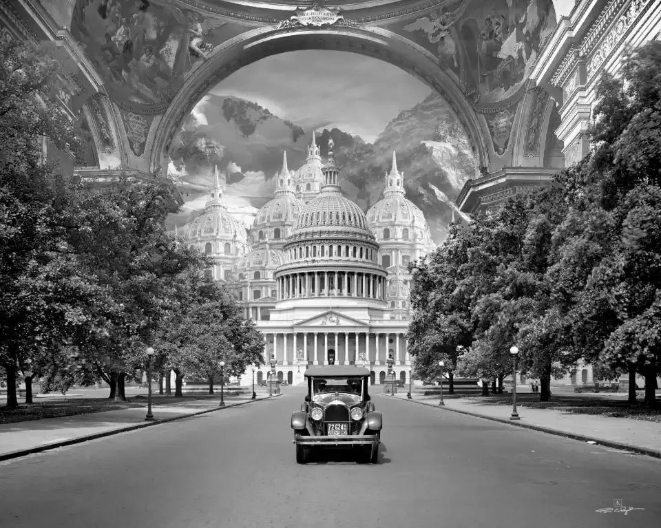 Vue sur le Capitole des États-Unis avec un dôme imposant, une voiture ancienne au premier plan et des montagnes fantaisistes en arrière-plan, sous une arche peinte.