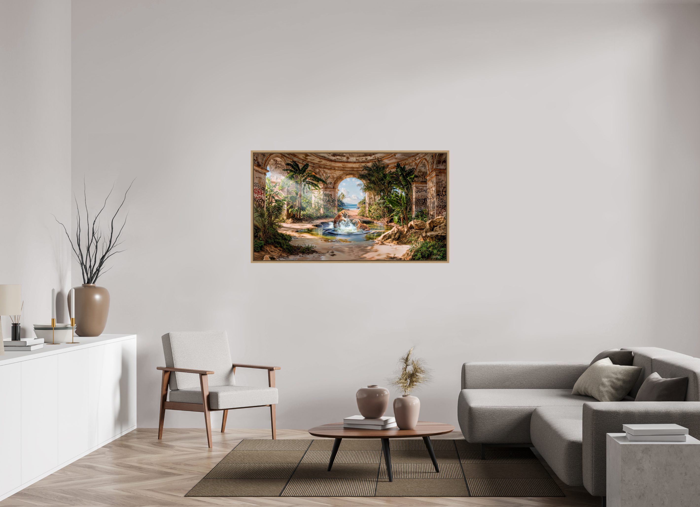 144 x 80 cm, Tirage photo sous plexi avec cadre Chêne naturel Les deux frères