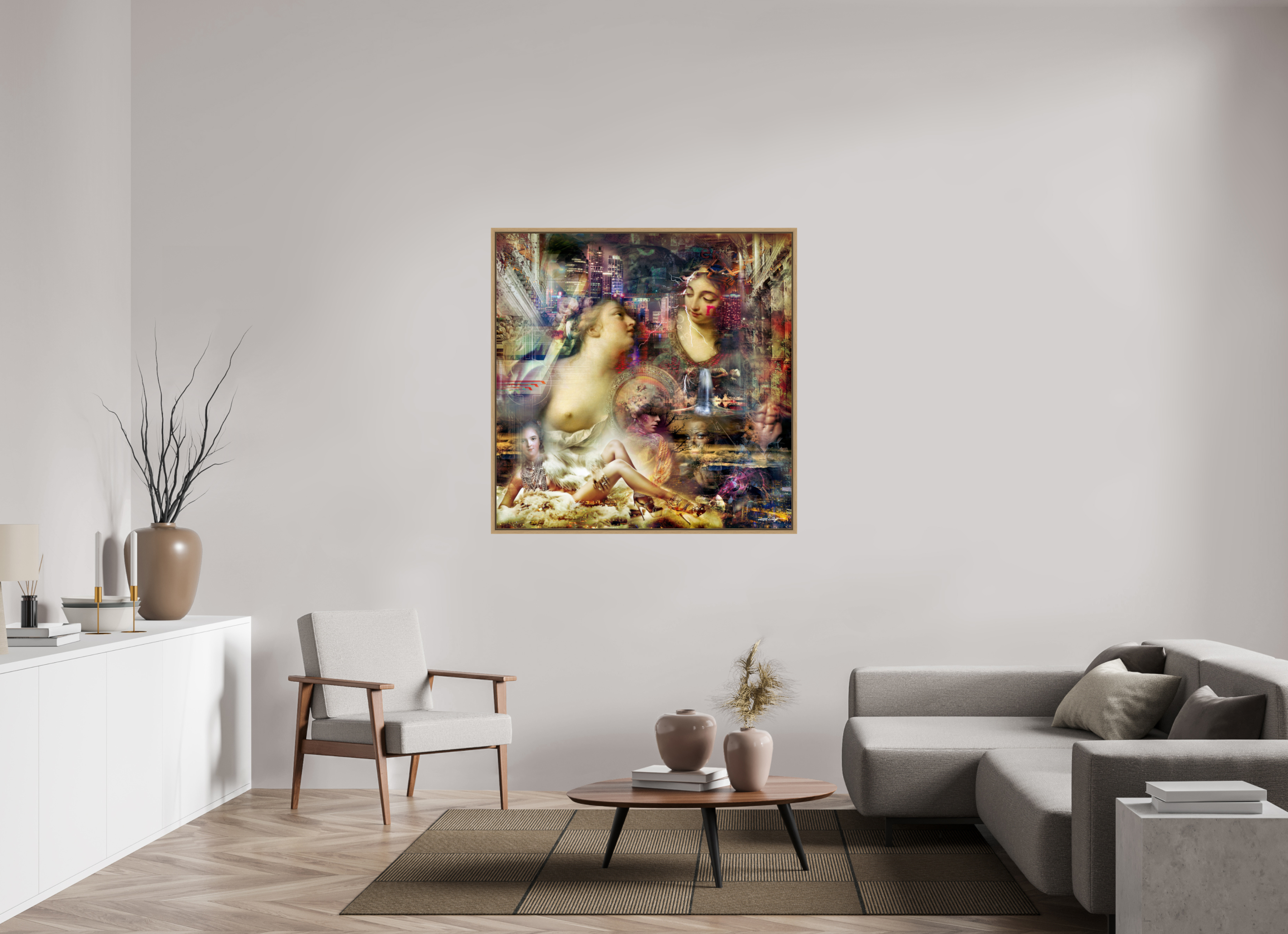 120 x 120 cm, Tirage photo sous plexi avec cadre Chêne naturel Allégorie de l'abondance