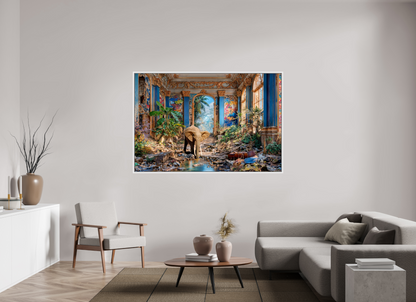 180 x 120 cm, Tirage photo sous plexi avec cadre Blanc L'éléphant qui boit