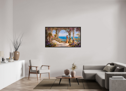 144 x 81 cm, Tirage photo sous plexi avec cadre Noir mat Vue sur océan