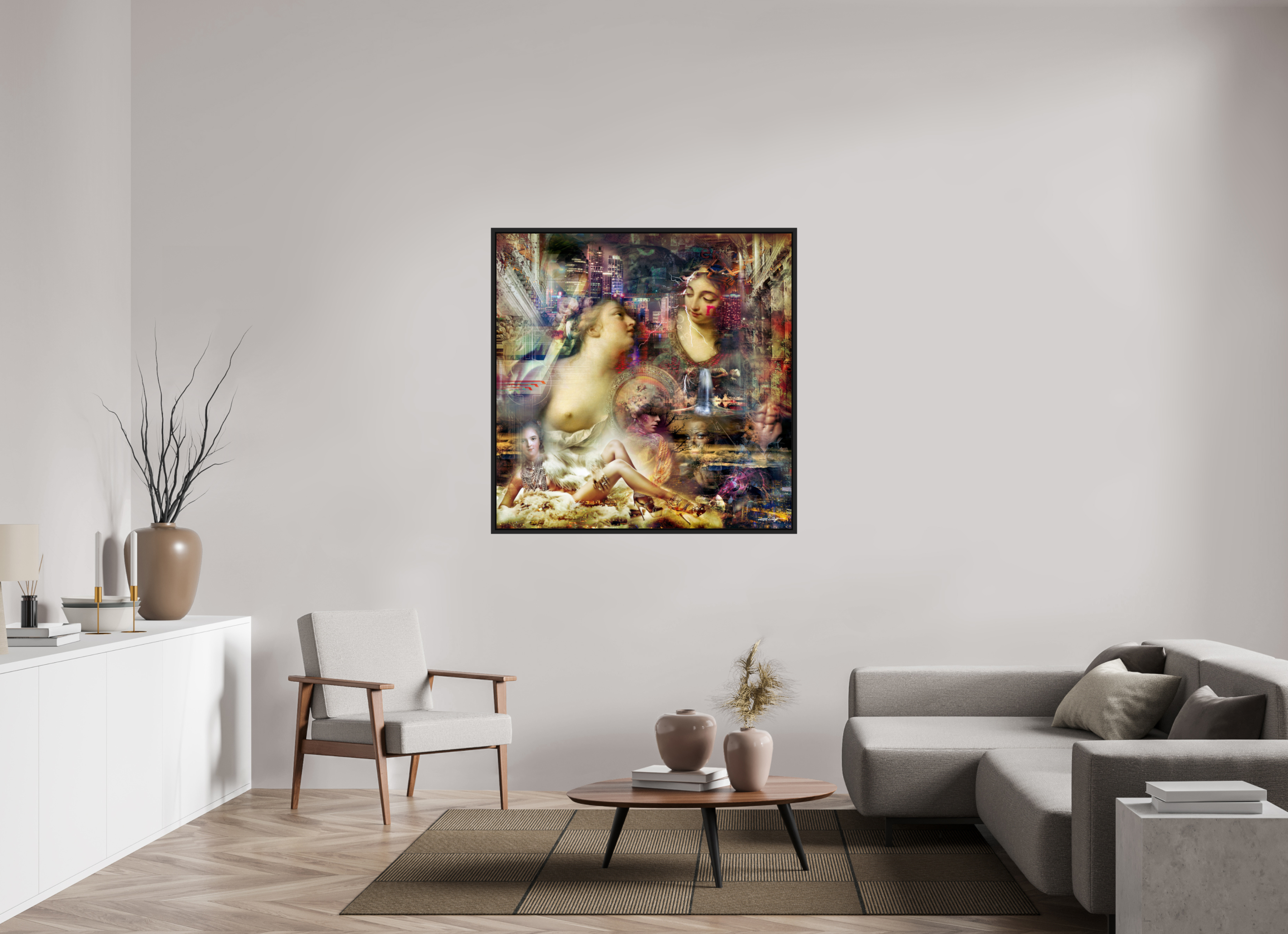 120 x 120 cm, Tirage photo sous plexi avec cadre Noir mat Allégorie de l'abondance