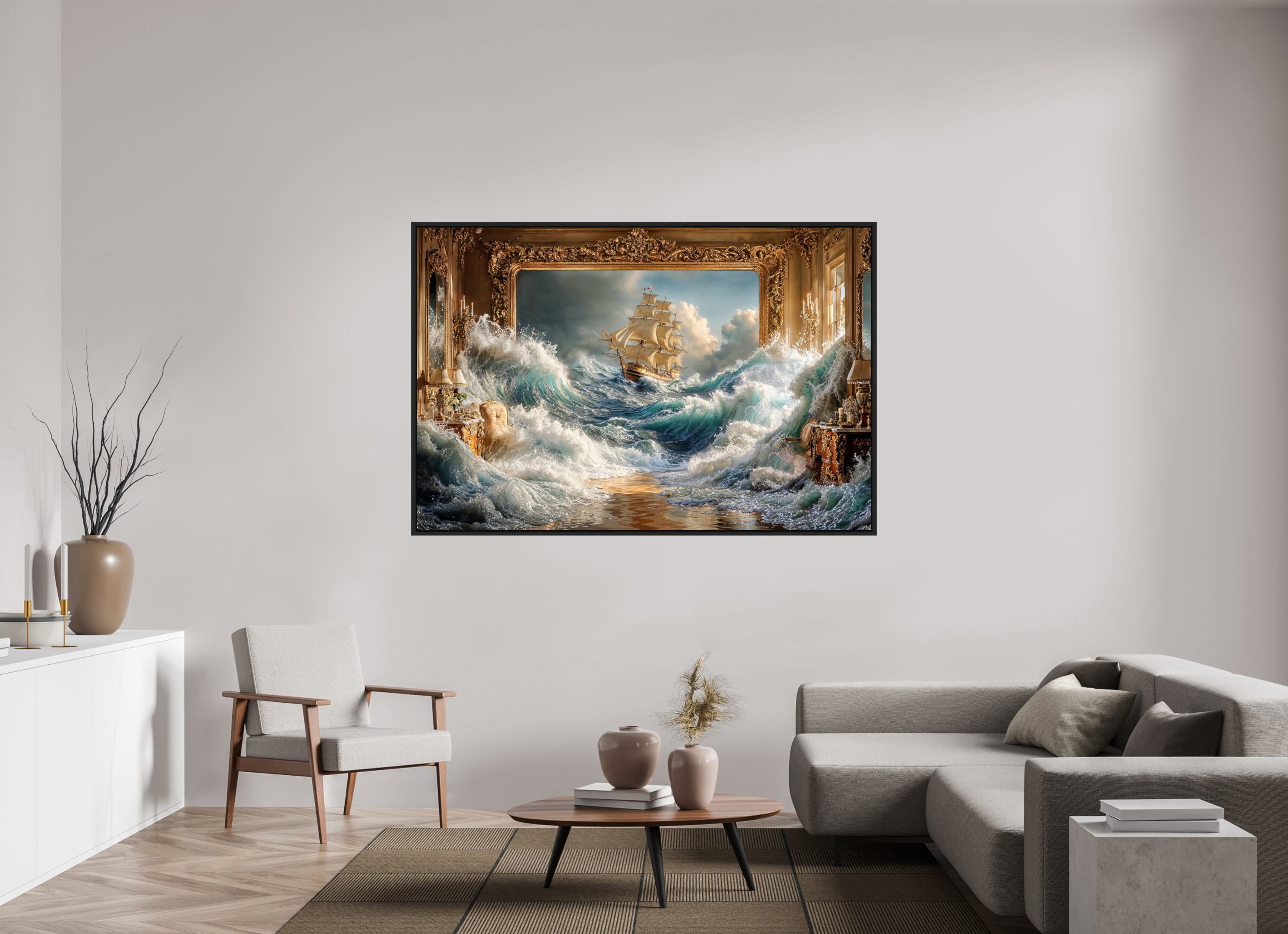 180 x 120 cm, Tirage photo sous plexi avec cadre Noir mat Le bateau