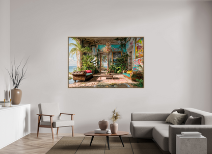 180 x 120 cm, Tirage photo sous plexi avec cadre Chêne naturel Salon sur océan