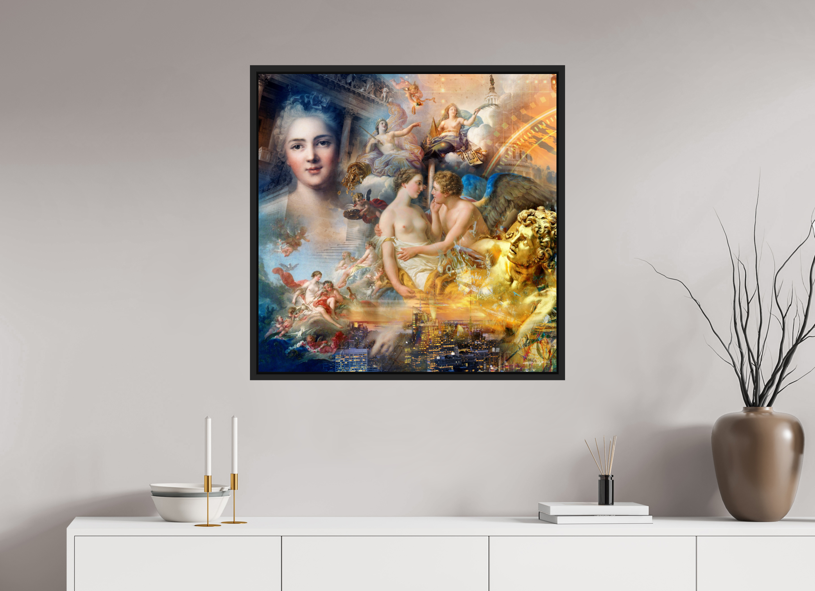 80 x 80 cm, Tirage photo sous plexi avec cadre Noir mat Allégorie