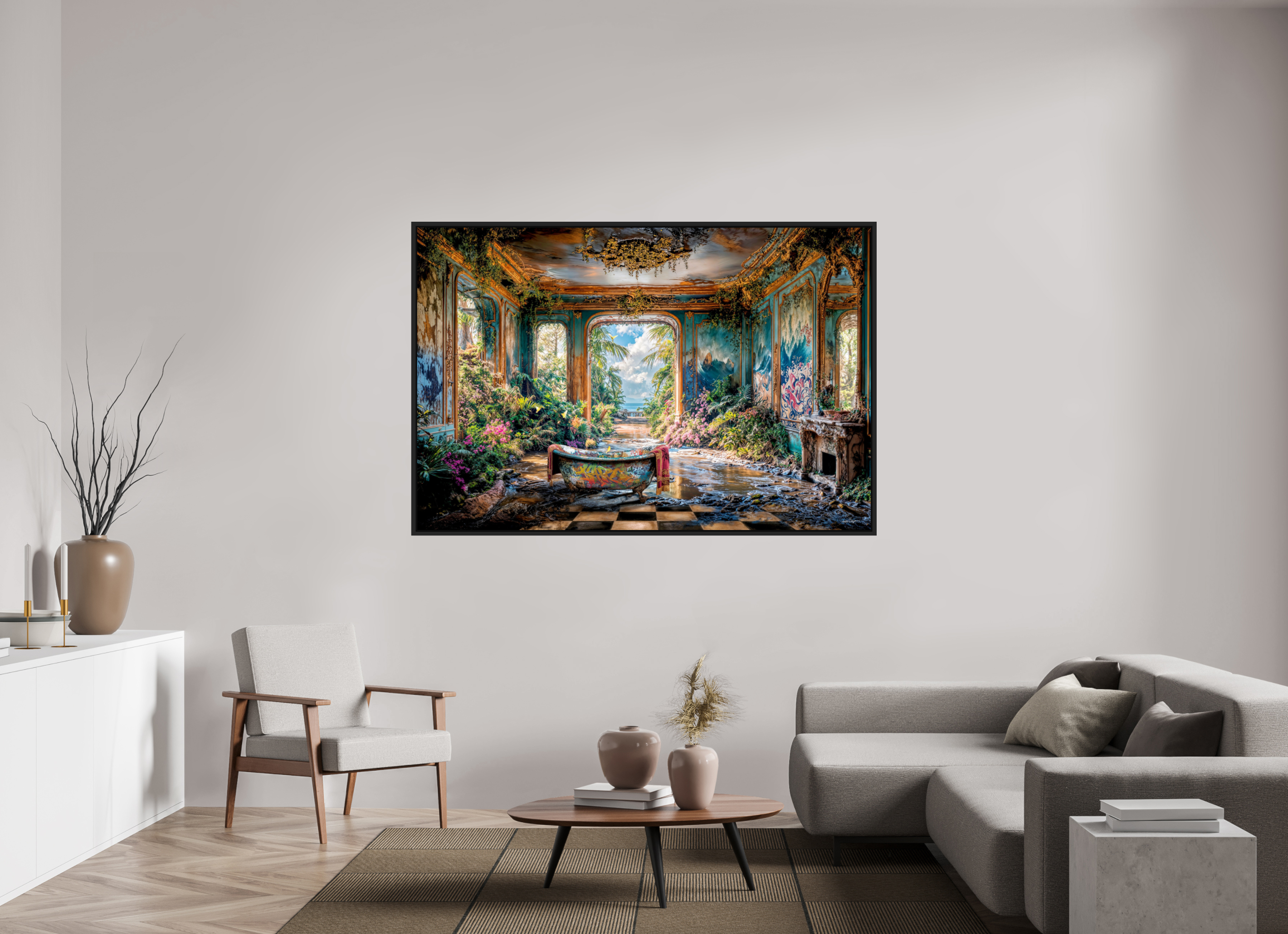 180 x 120 cm, Tirage photo sous plexi avec cadre Noir mat La salle des bains