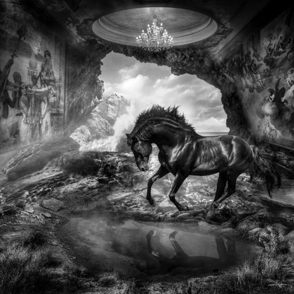 Montage surréaliste en noir et blanc d'un cheval noir galopant dans une grotte ornée d'un lustre et de fresques classiques.