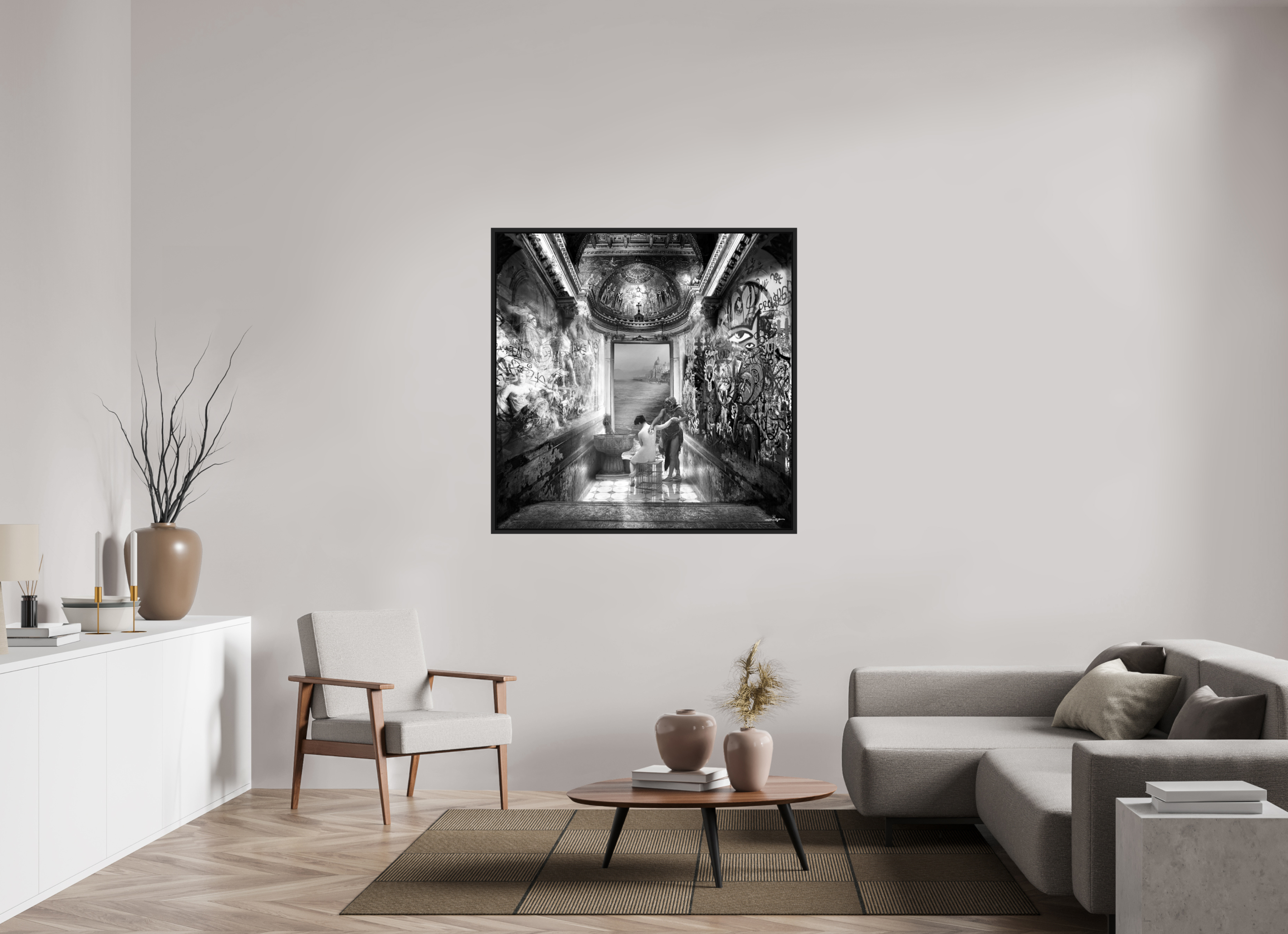 120 x 120 cm, Tirage photo sous plexi avec cadre Noir mat Le bain