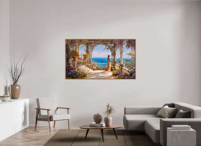 176 x 99 cm, Tirage photo sous plexi avec cadre Chêne naturel vue sur océan