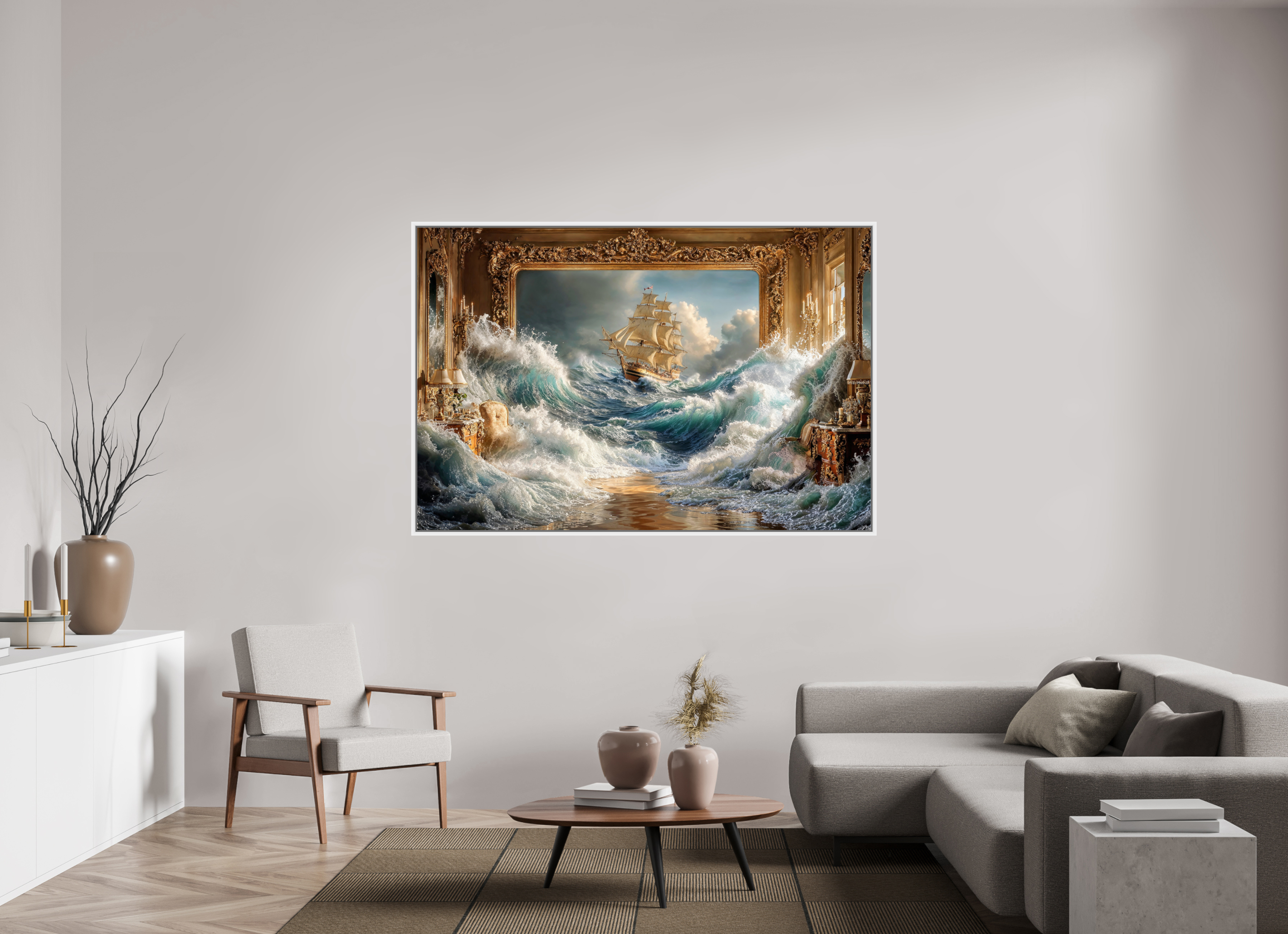 180 x 120 cm, Tirage photo sous plexi avec cadre Blanc Le bateau