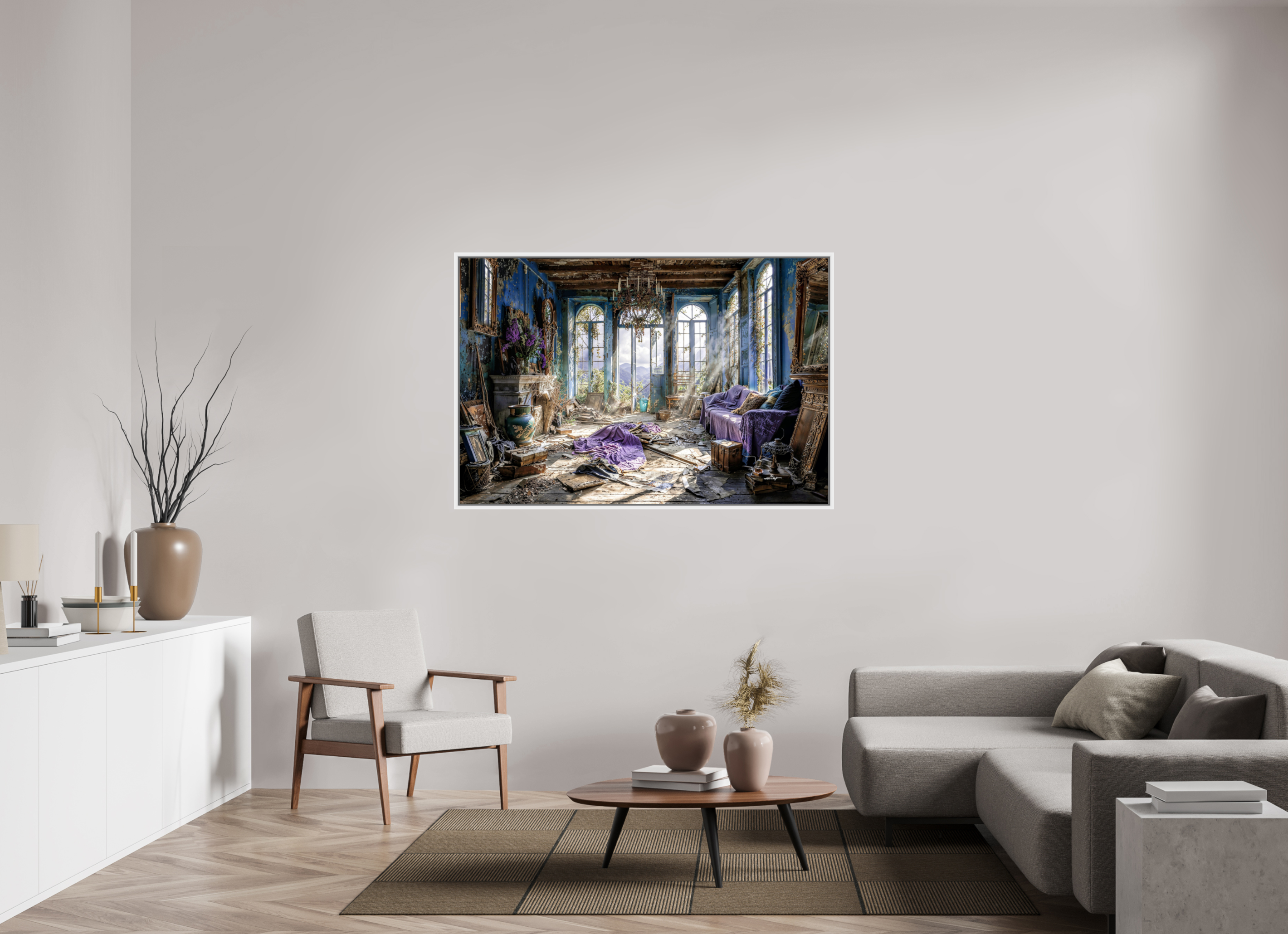 150 x 100 cm, Tirage photo sous plexi avec cadre Blanc intérieur abandonné