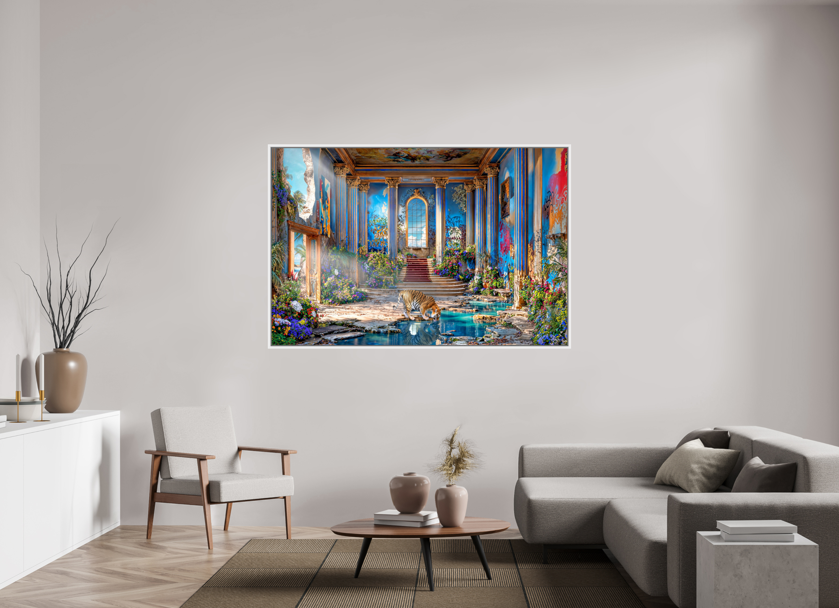 180 x 120 cm, Tirage photo sous plexi avec cadre Blanc le gardien du temple