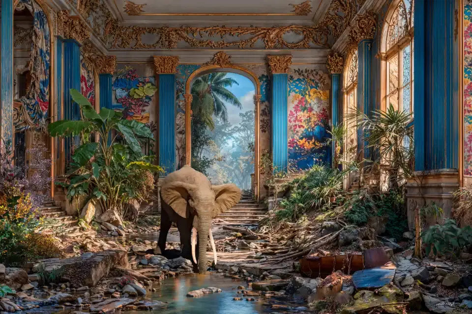 Éléphant buvant dans un ruisseau au milieu d'une pièce luxuriante et abandonnée avec des plantes luxuriantes et des œuvres d'art murales colorées.