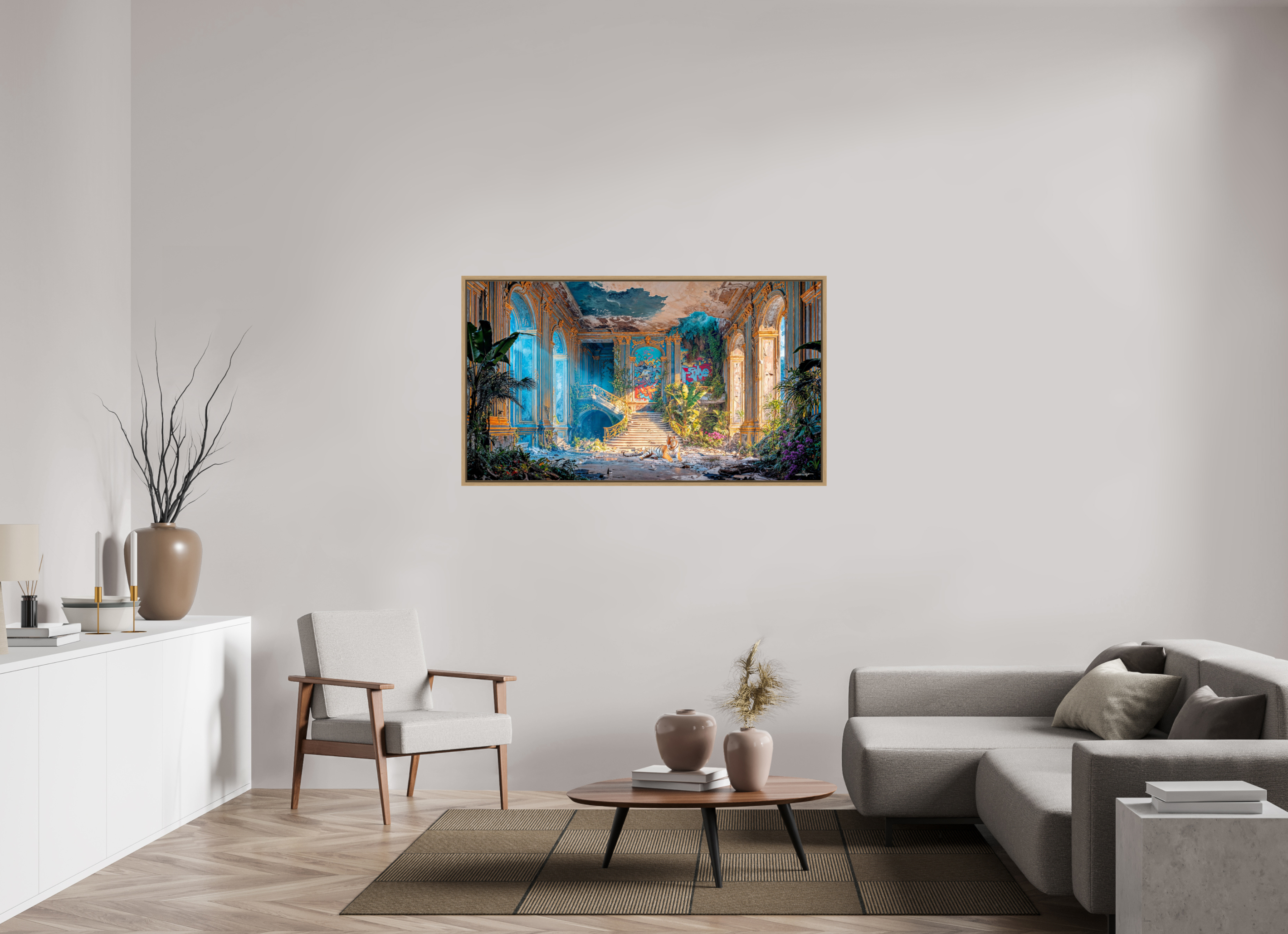 144 x 81 cm, Tirage photo sous plexi avec cadre Chêne naturel la solitude du tigre