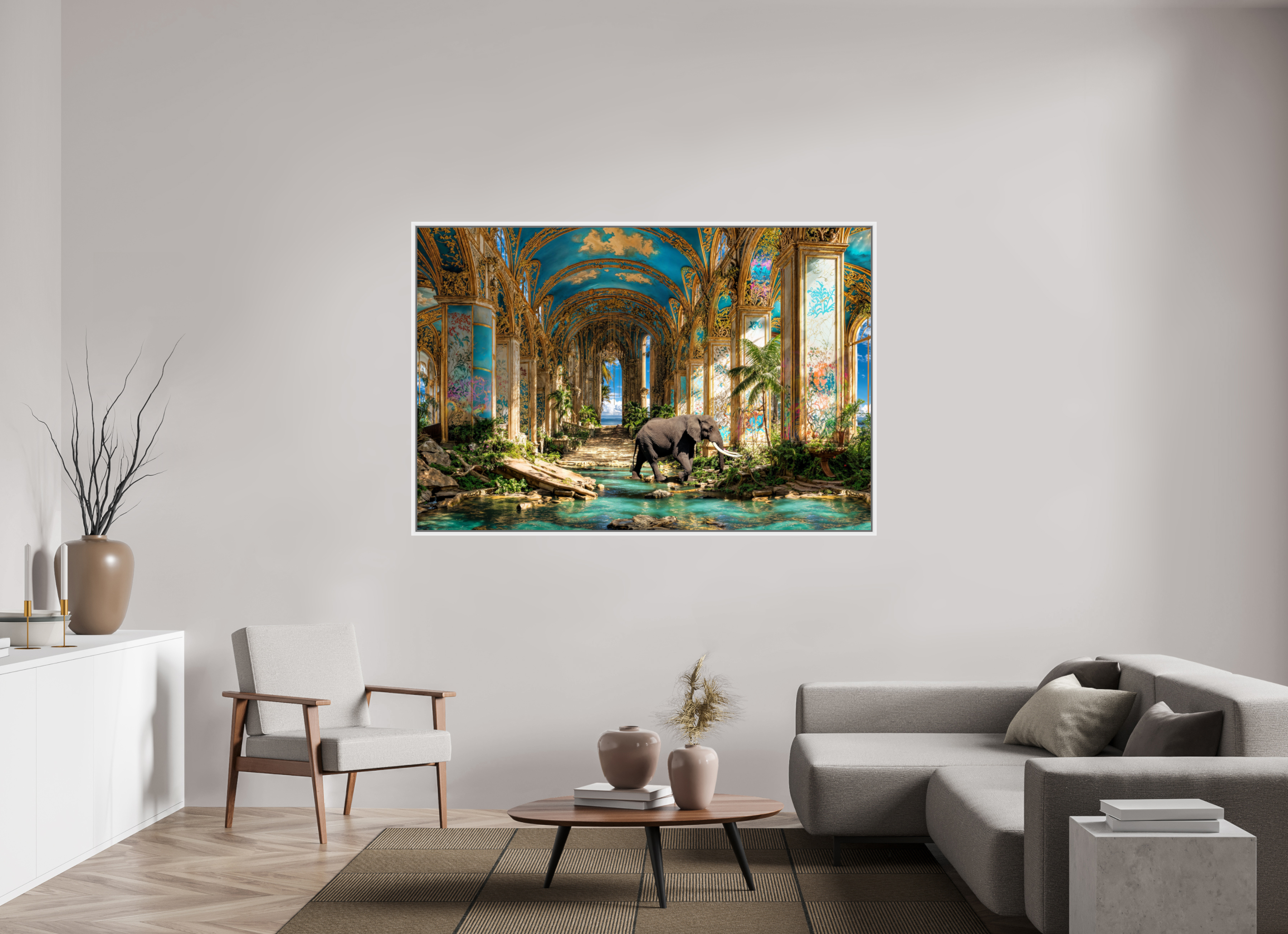 180 x 120 cm, Tirage photo sous plexi avec cadre Blanc L'église abandonnée