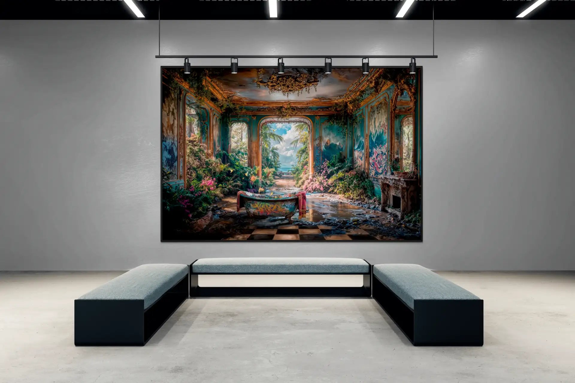 Tableau d'une pièce luxuriante envahie par la végétation exposé dans une galerie d'art moderne avec bancs noirs.