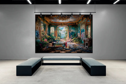 Tableau d'une pièce luxuriante envahie par la végétation exposé dans une galerie d'art moderne avec bancs noirs.