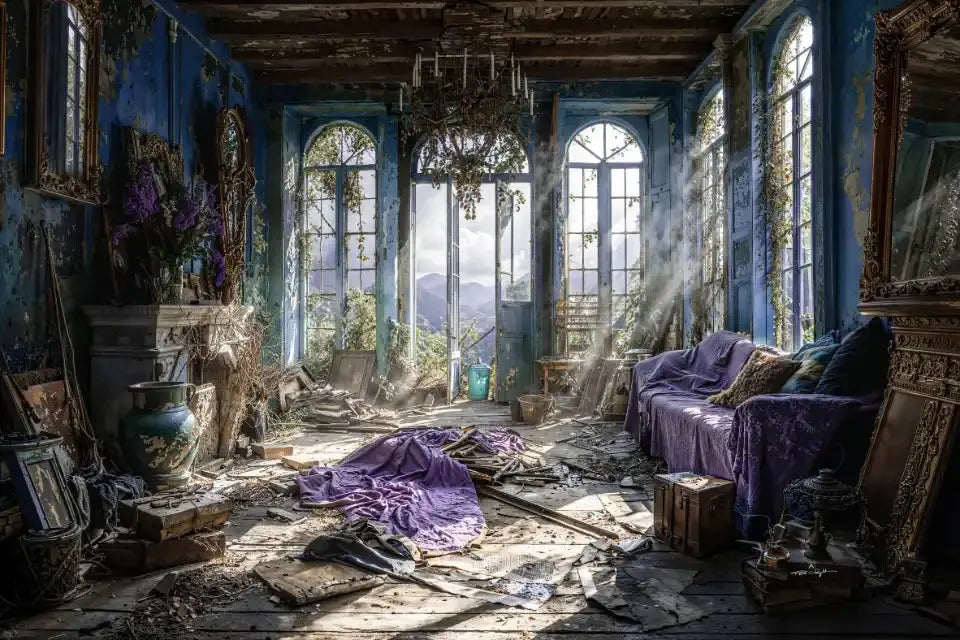 Salon abandonné avec des meubles recouverts de tissu violet, des débris au sol et de grandes fenêtres offrant une vue sur des montagnes brumeuses.