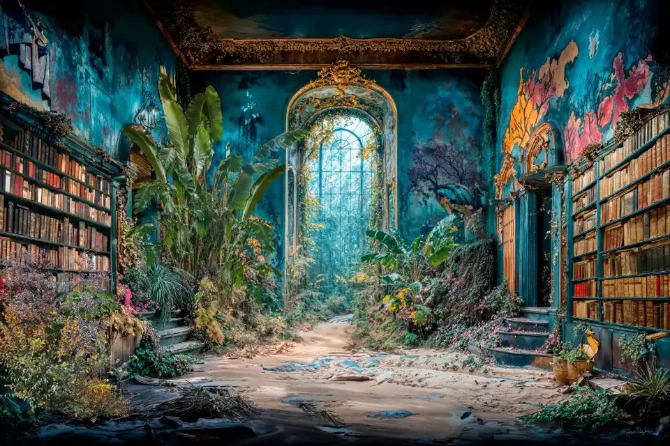 Intérieur d'une bibliothèque ancienne aux murs turquoise, envahie par une végétation luxuriante. Des étagères remplies de livres anciens bordent les murs, menant à une grande arche vitrée offrant une vue sur un paysage verdoyant.