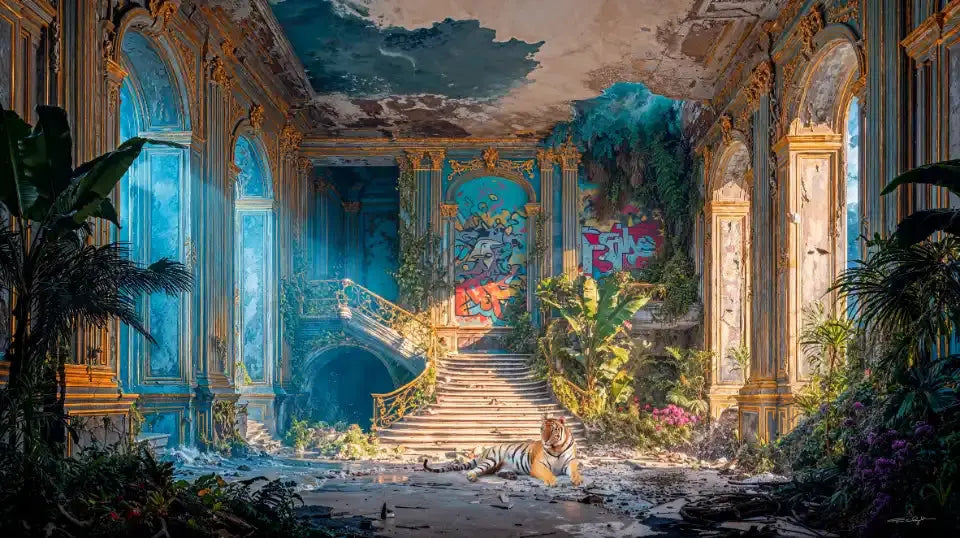 Un tigre est allongé au milieu d'un palais abandonné envahi par la végétation, avec de la peinture graffiti sur les murs et des rayons de soleil perçant.