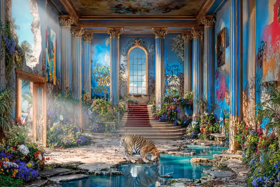 Un tigre boit dans un bassin d'eau turquoise au milieu d'un jardin intérieur luxuriant, sur fond de colonnes bleues et dorées et de décorations murales et graffitis.