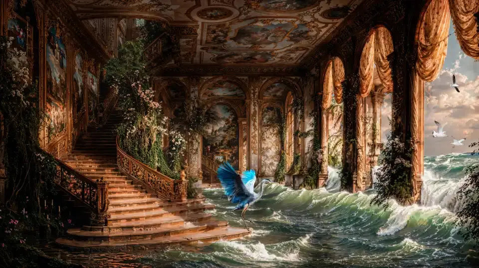 Une grue bleue aux ailes déployées prend son envol au-dessus d'une mer déchaînée envahissant un palais somptueux avec un escalier monumental.