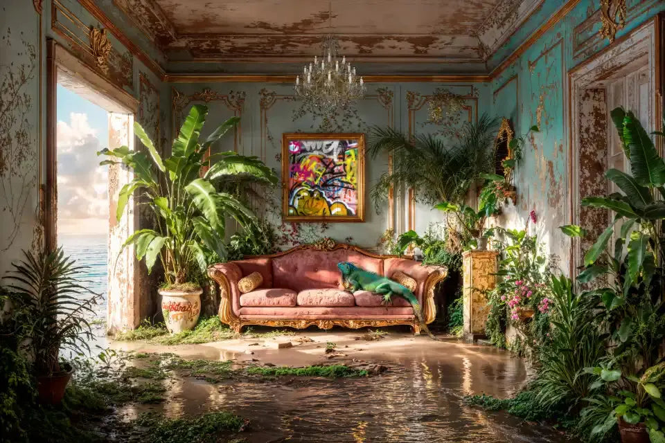 Un iguane vert repose sur un canapé en velours rose dans un salon aux murs décrépis et à la décoration rococo, envahi par la végétation luxuriante et l'eau.