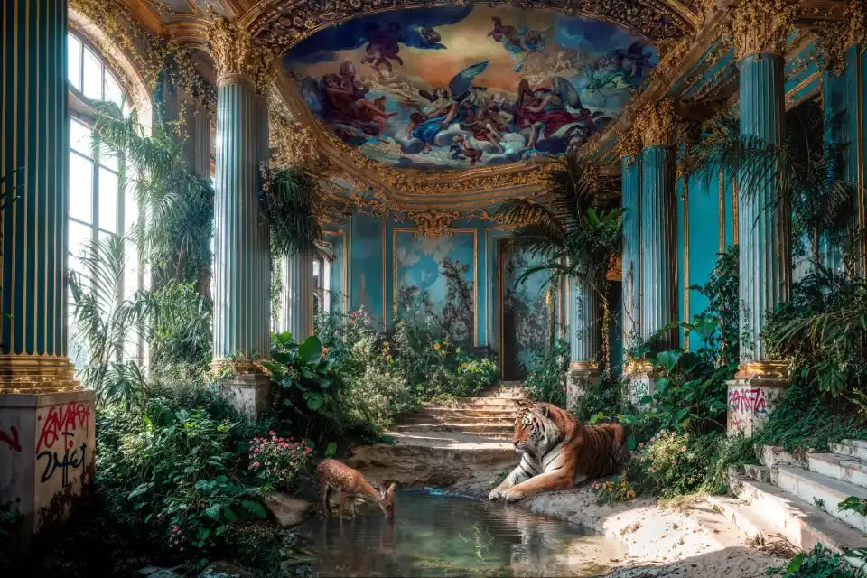 Un tigre se repose près d'un étang où un jeune cerf boit. Le tout est dans des ruines somptueuses envahies par la végétation et ornées d'une fresque au plafond.
