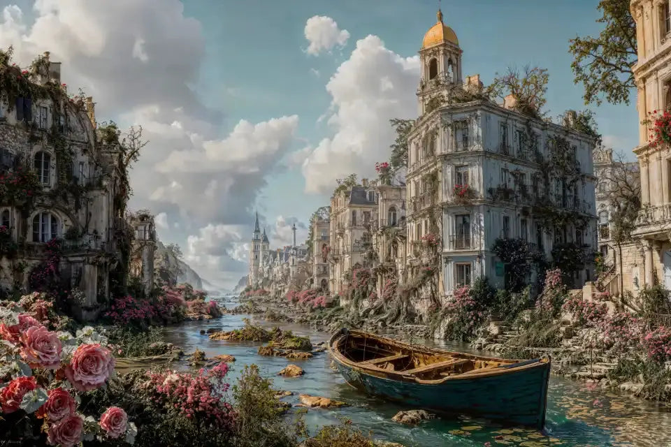 Vue d'une ville romantique et luxuriante avec des bâtiments anciens envahis par la végétation, traversée par un fleuve tumultueux où flotte une barque.