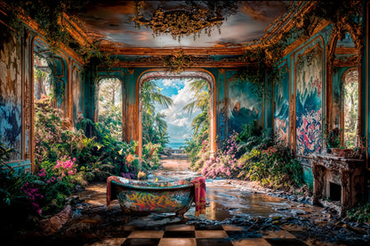 Tableau d'une pièce luxuriante envahie par la végétation exposé dans une galerie d'art moderne avec bancs noirs.