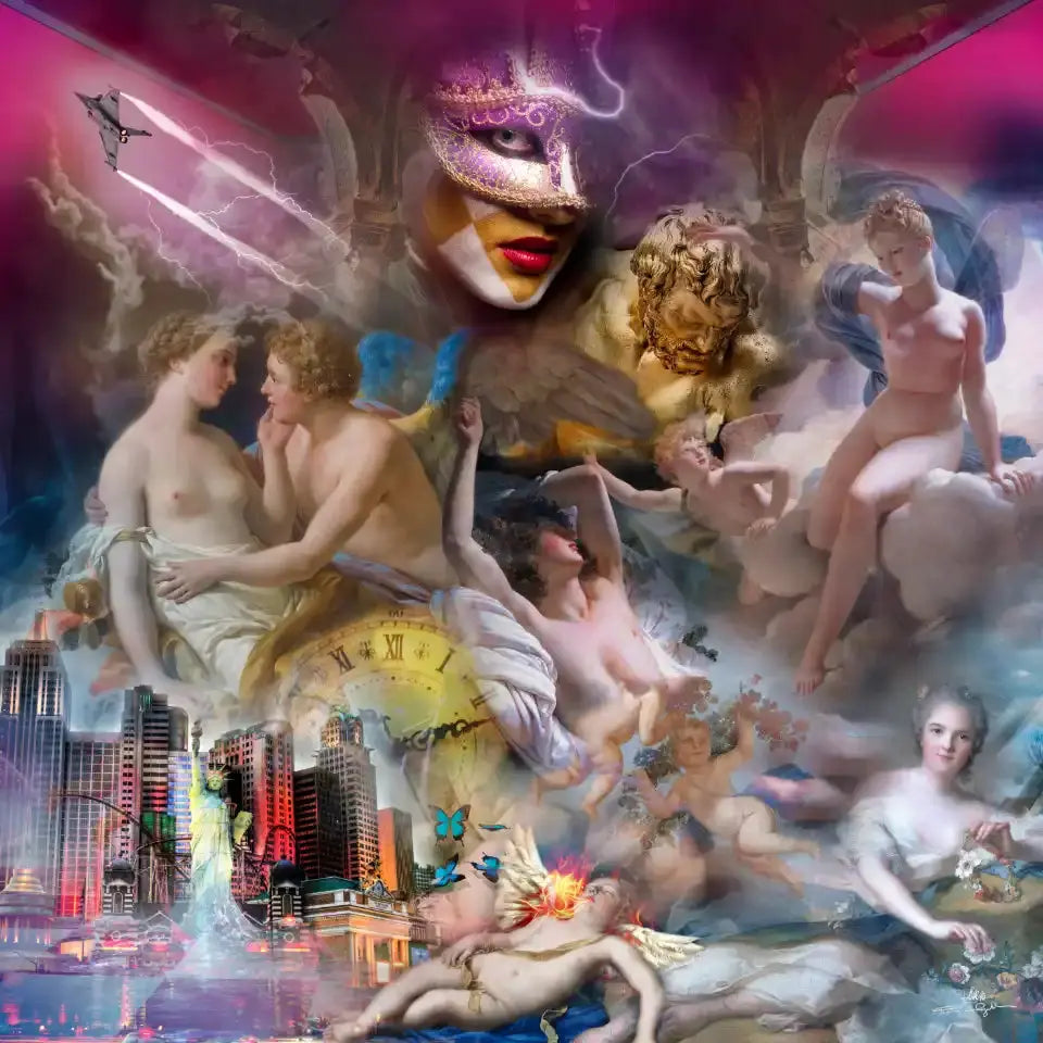 Collage d'images surréalistes : un avion de chasse et un masque vénitien au-dessus de figures mythologiques, d'une horloge, d'un paysage urbain et de papillons.